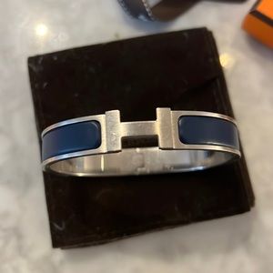 Hermes Mens H Enamel Bracelet Marine Blue